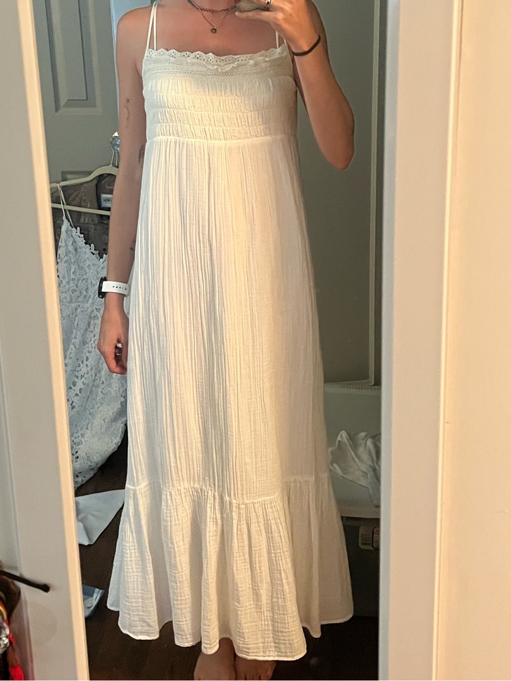 ZARA White Smocked Maxi Dress with Ruffle Hem